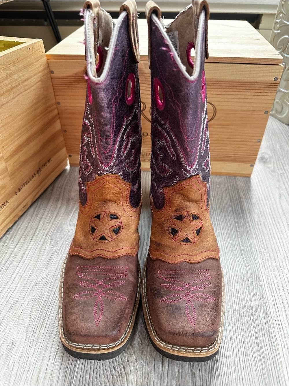 Vintage Tom Boots Leather Western Cowboy Boots Size 6.5 Y Purple w Pink Accents